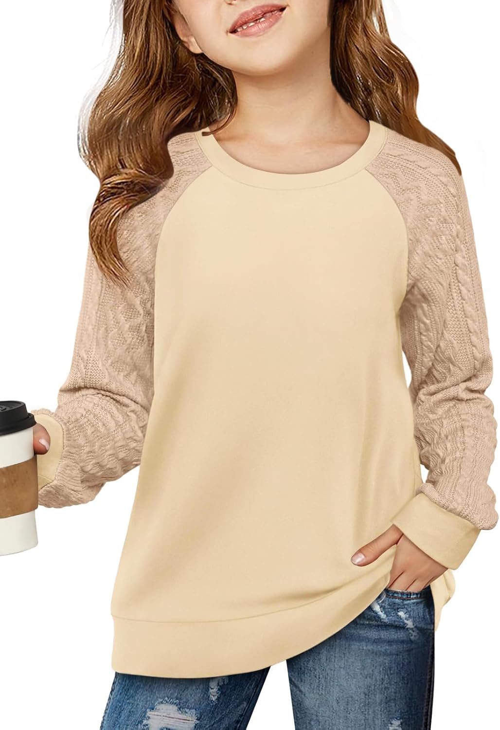 Girls Sweatshirts Kids Casual Cable Knit Long Sleeve Shirts Tunic Tops