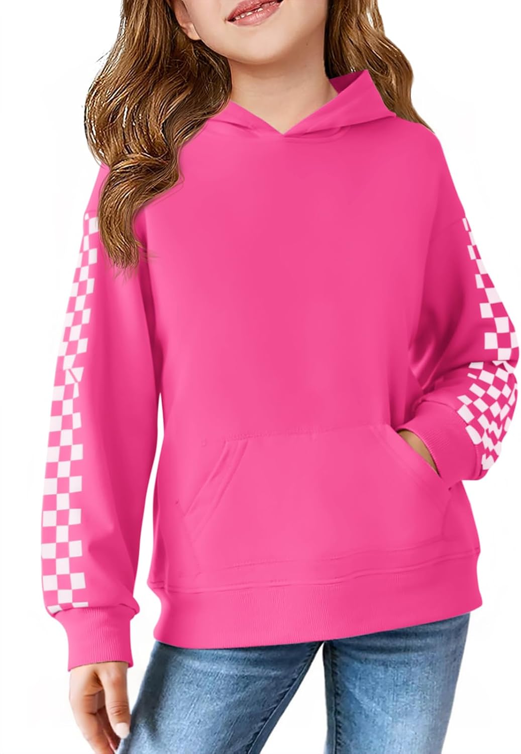 Girls Hoodies Kids Boys Fashion Plaid Long Sleeve Hooded Sweatshirt with Kangaroo Pocket 5-14 Years