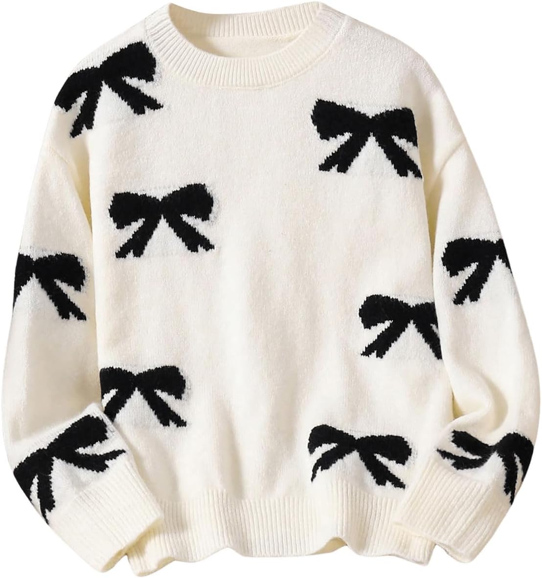 Girl's Cute Bow Sweater Crew Neck Long Sleeve Drop Shoulder Loose Pullover Tops